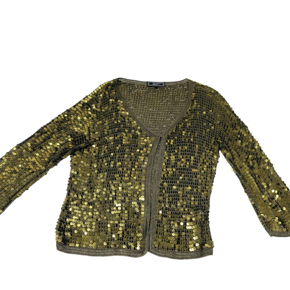 Zashi Sparkling Khaki Green/Gold Sequined Cardigan Top Sz L - Picture 3 of 9